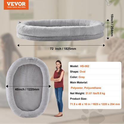 Human Dog Bed, 72" x48"x10" Human Dog Bed for Adult, Human Size Dog Bed with Washable Faux Rabbit Fur Cover, Egg Orthopedic Foam, Storage Pocket, Large Dog Bean Bed, Light Grey