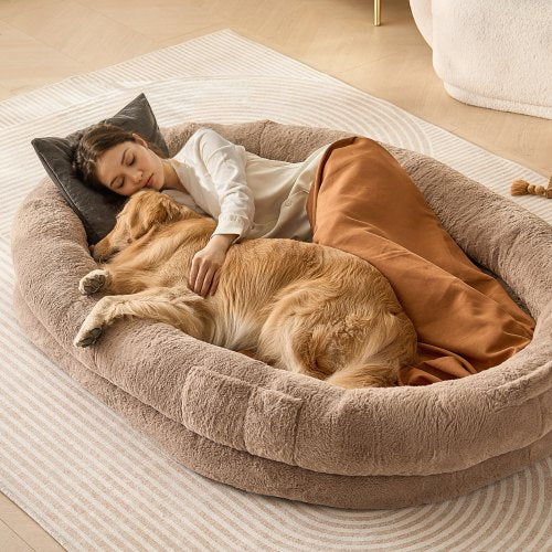 Human Dog Bed, 72" x48"x10" Human Dog Bed for Adult, Human Size Dog Bed with Washable Faux Rabbit Fur Cover, Egg Orthopedic Foam, Storage Pocket, Large Dog Bean Bed, Brown