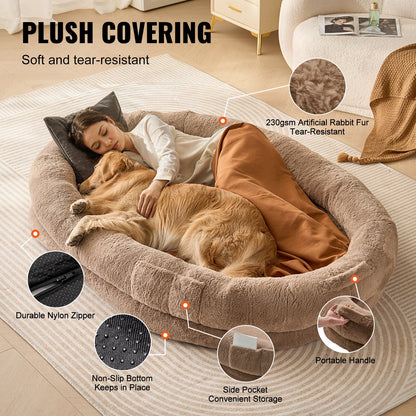 Human Dog Bed, 72" x48"x10" Human Dog Bed for Adult, Human Size Dog Bed with Washable Faux Rabbit Fur Cover, Egg Orthopedic Foam, Storage Pocket, Large Dog Bean Bed, Brown