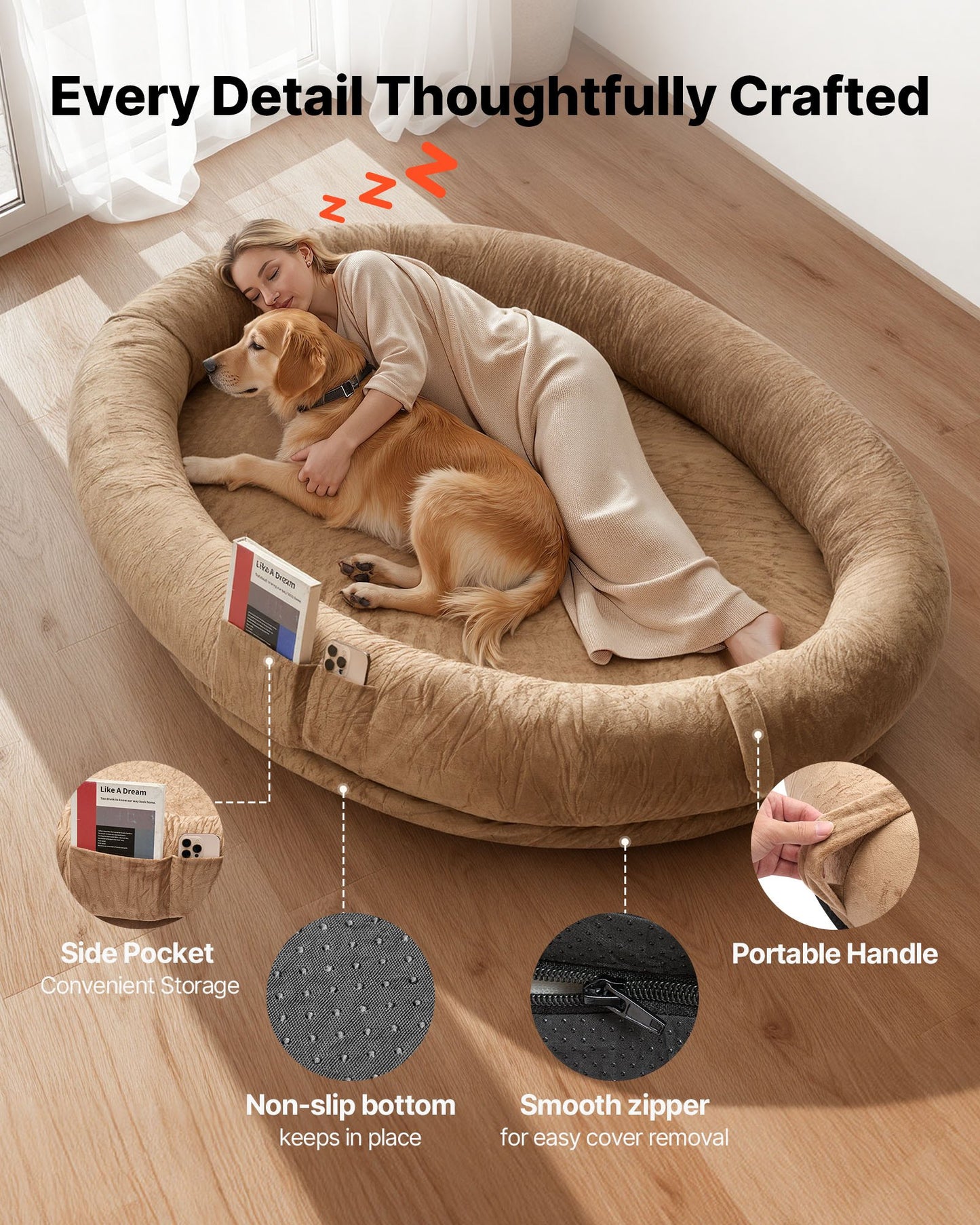 Human Dog Bed, 1770 x 1230 x 240 mm Orthopedic Memory Foam Human Sized Dog Bed, Humans Pet Beds with Side Pocket, Handle & Zipper, Removable Machine-Washable Dogs Beds for Humans, Brown