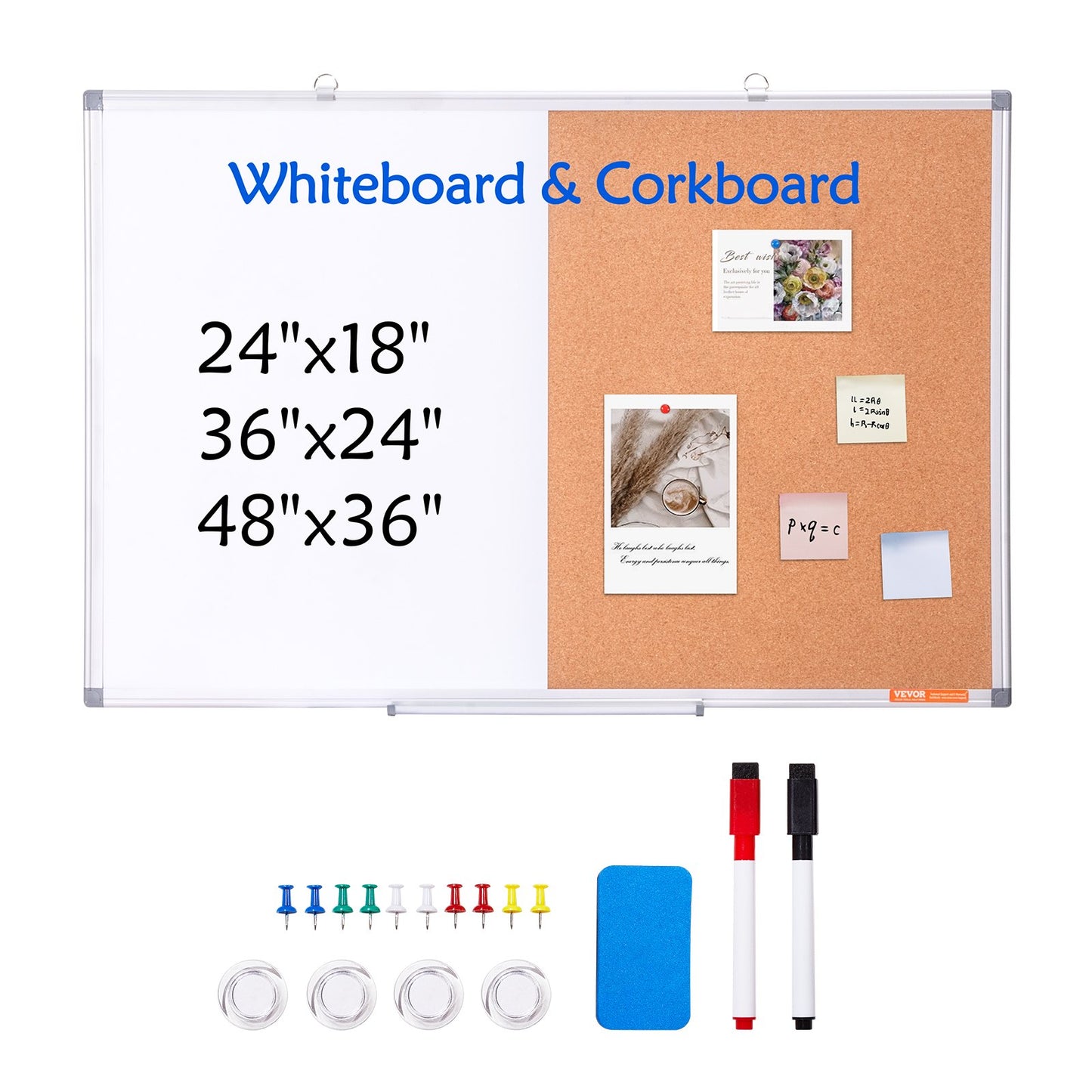 86 x 61 cm whiteboard- och korktavlakombination med aluminiumram – 2-i-1 magnetisk whiteboardtavla med torr raderbar anslagstavla för väggmontering – Perfekt för skolan, hemmet, kontoret