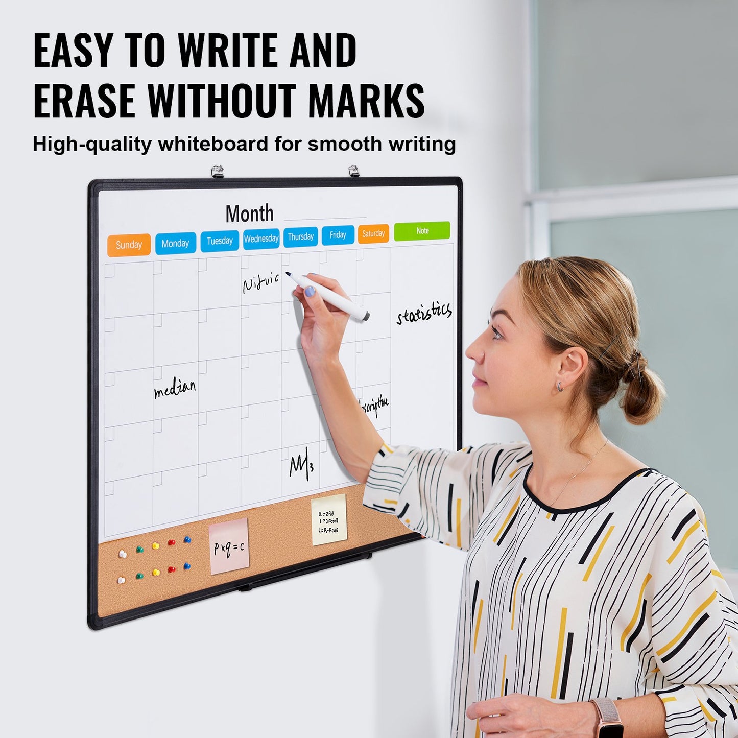 36"x 24" Monthly Calendar Whiteboard & Cork Board Combo with Aluminum Frame – 2-in-1 Magnetic Dry Erase Bulletin Board for Wall Mount – Ideal for School, Home, Office