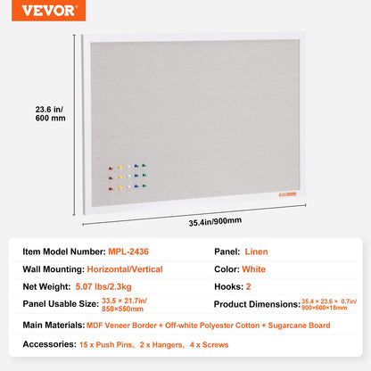 36"x24" White Cork Board with Linen Surface – Stylish Wall-Mounted Bulletin Board for Home, School, Office – Elegant & Functional Noticeboard