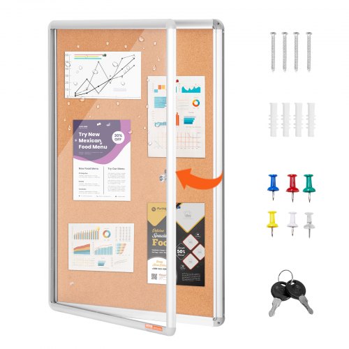 36"x24" Enclosed Cork Board with Aluminum Frame – Lockable Bulletin Board with Acrylic Door & 2 Keys – Weather-Resistant Wall Display Case for School, Home, Office