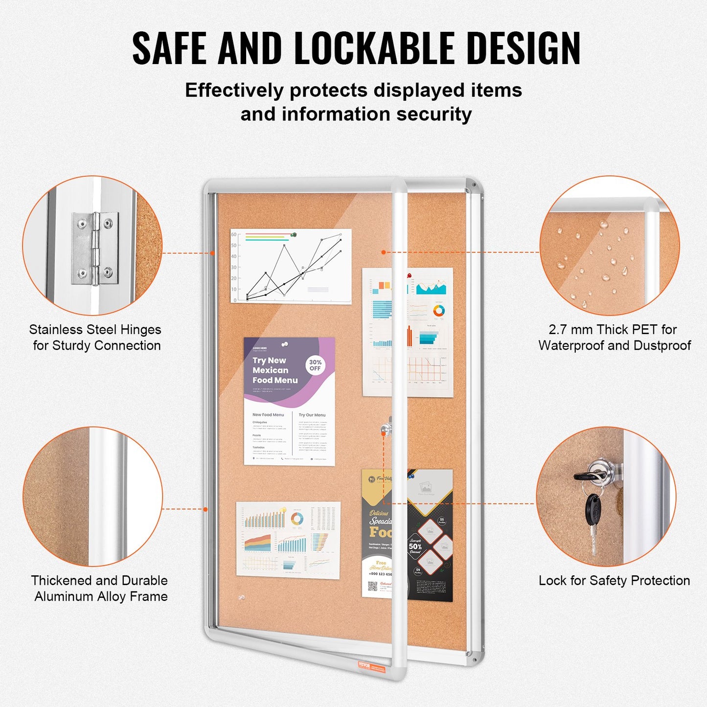 36"x24" Enclosed Cork Board with Aluminum Frame – Lockable Bulletin Board with Acrylic Door & 2 Keys – Weather-Resistant Wall Display Case for School, Home, Office