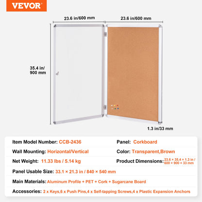 36"x24" Enclosed Cork Board with Aluminum Frame – Lockable Bulletin Board with Acrylic Door & 2 Keys – Weather-Resistant Wall Display Case for School, Home, Office