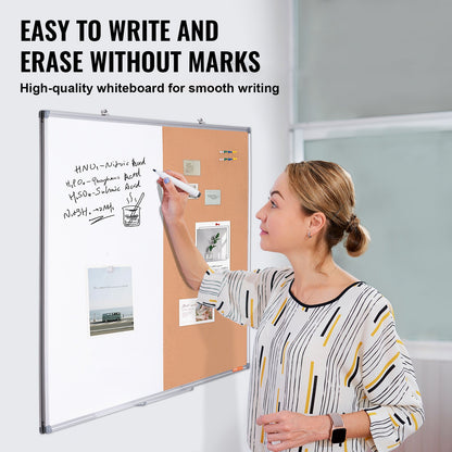48"x 36" Whiteboard & Cork Board Combo with Aluminum Frame – 2-in-1 Magnetic Dry Erase Bulletin Board for Wall Mount – Ideal for School, Home, Office