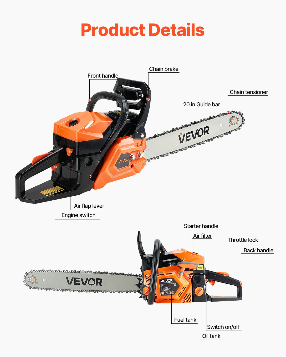 62 cc Gas Chainsaw, 20 inch Gas Powered Chainsaw, 3.6 HP Power Chain Saw with Non-Slip Handle, Gas-Powered Chainsaws with Dual Fuel Tanks, For Wood Cutting, Tree Trimming, and Land Clearing