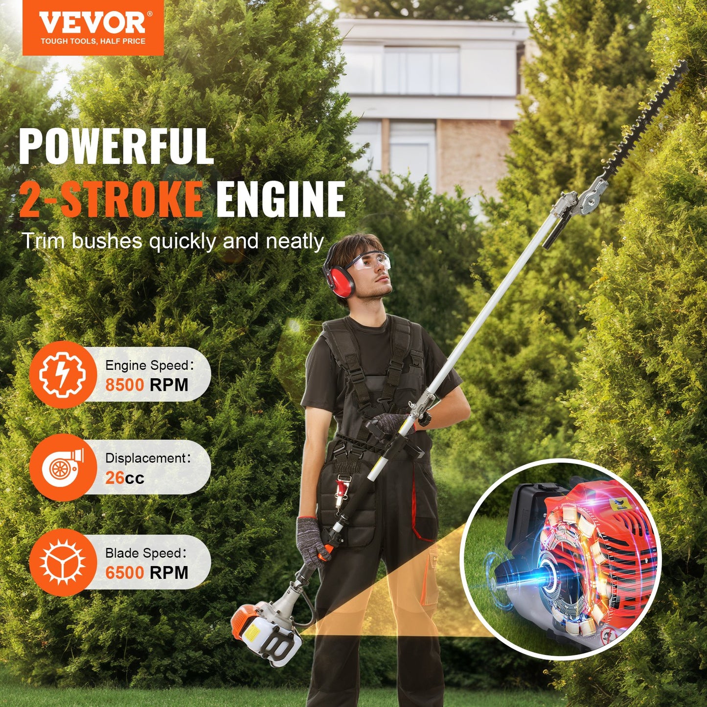 26CC 5-in-1 Multi-Functional Trimming Tools, Gas Hedge Trimmer, Weed Eater, String Trimmer, Edger, Pole Saw Chainsaw Pruner with Extension Pole