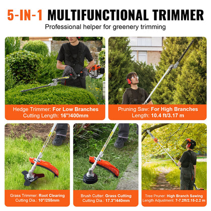 26CC 5-in-1 Multi-Functional Trimming Tools, Gas Hedge Trimmer, Weed Eater, String Trimmer, Edger, Pole Saw Chainsaw Pruner with Extension Pole