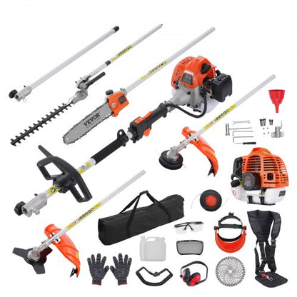 43CC 6-in-1 Multi-Functional Trimming Tools, Gas Hedge Trimmer, Weed Eater, String Trimmer, Brush Cutter, Edger, Pole Saw Chainsaw Pruner with Extension Pole