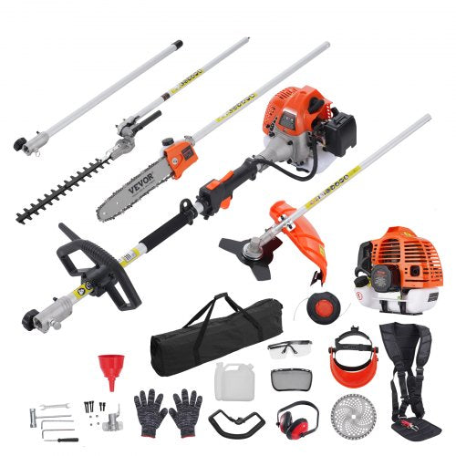 52CC 6-in-1 Multi-Functional Trimming Tools, Gas Hedge Trimmer, Weed Eater, String Trimmer, Brush Cutter, Edger, Pole Saw Chainsaw Pruner with Extension Pole
