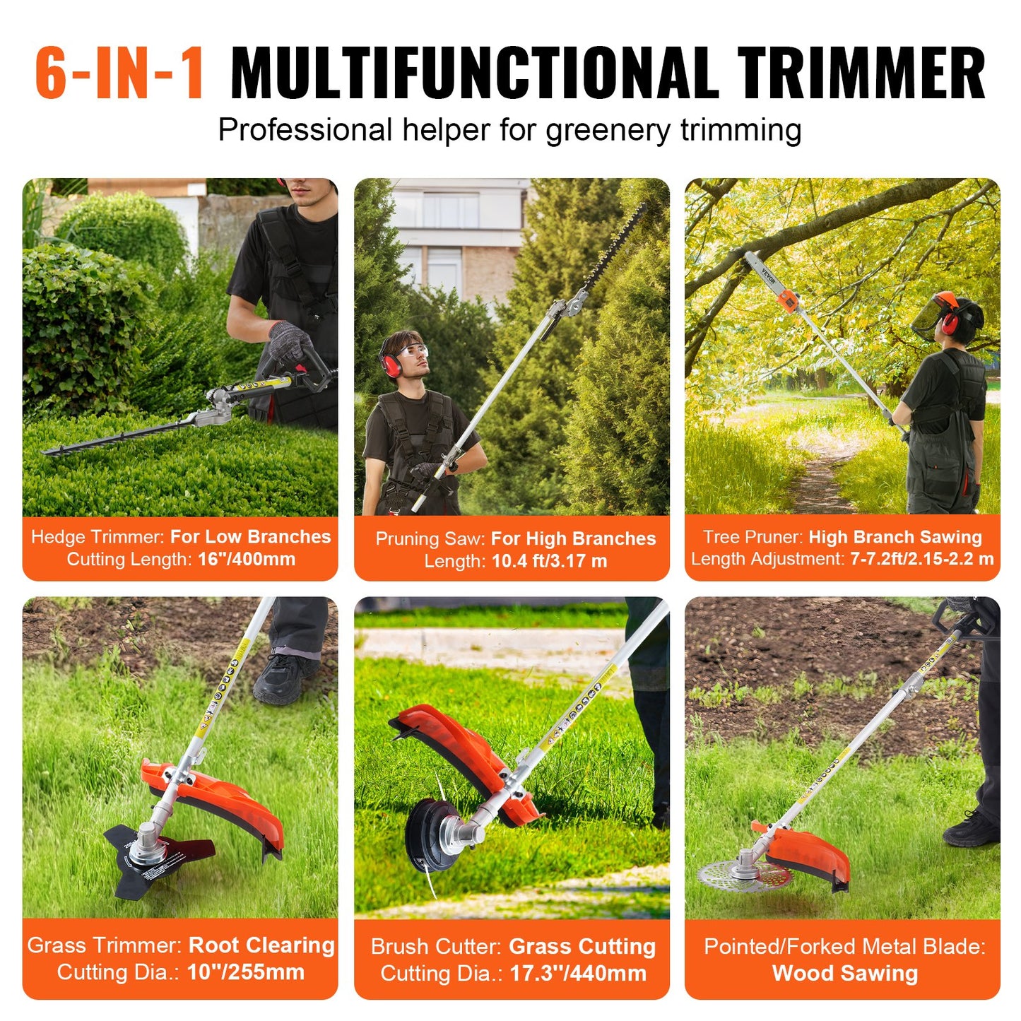 52CC 6-in-1 Multi-Functional Trimming Tools, Gas Hedge Trimmer, Weed Eater, String Trimmer, Brush Cutter, Edger, Pole Saw Chainsaw Pruner with Extension Pole