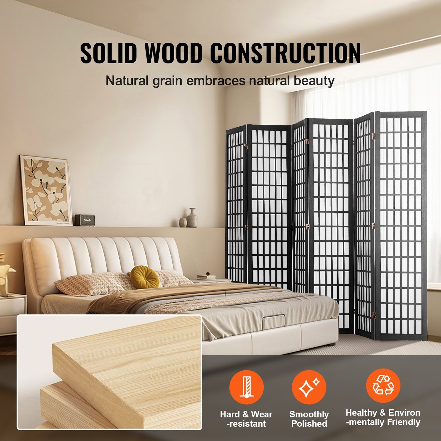 Rumsavdelare, japansk rumsavdelare med 6 paneler, hopfällbar skärm för inomhusbruk, bärbara skiljeväggar och dekorationsskärmar, för rumsavskiljning, hem, kontor, restaurang och sovrum (svart)