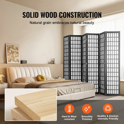 Rumsavdelare, japansk rumsavdelare med 6 paneler, hopfällbar skärm för inomhusbruk, bärbara skiljeväggar och dekorationsskärmar, för rumsavskiljning, hem, kontor, restaurang och sovrum (svart)