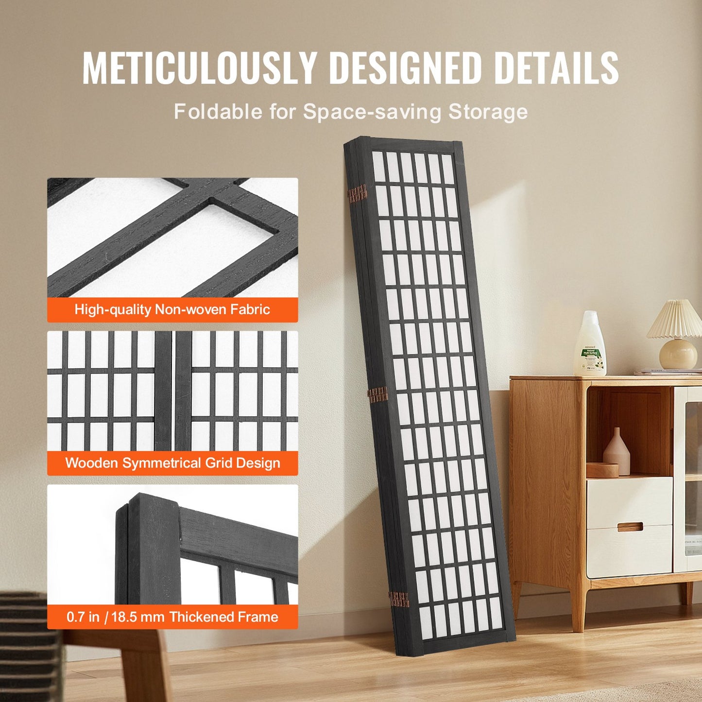 Rumsavdelare, japansk rumsavdelare med 6 paneler, hopfällbar skärm för inomhusbruk, bärbara skiljeväggar och dekorationsskärmar, för rumsavskiljning, hem, kontor, restaurang och sovrum (svart)