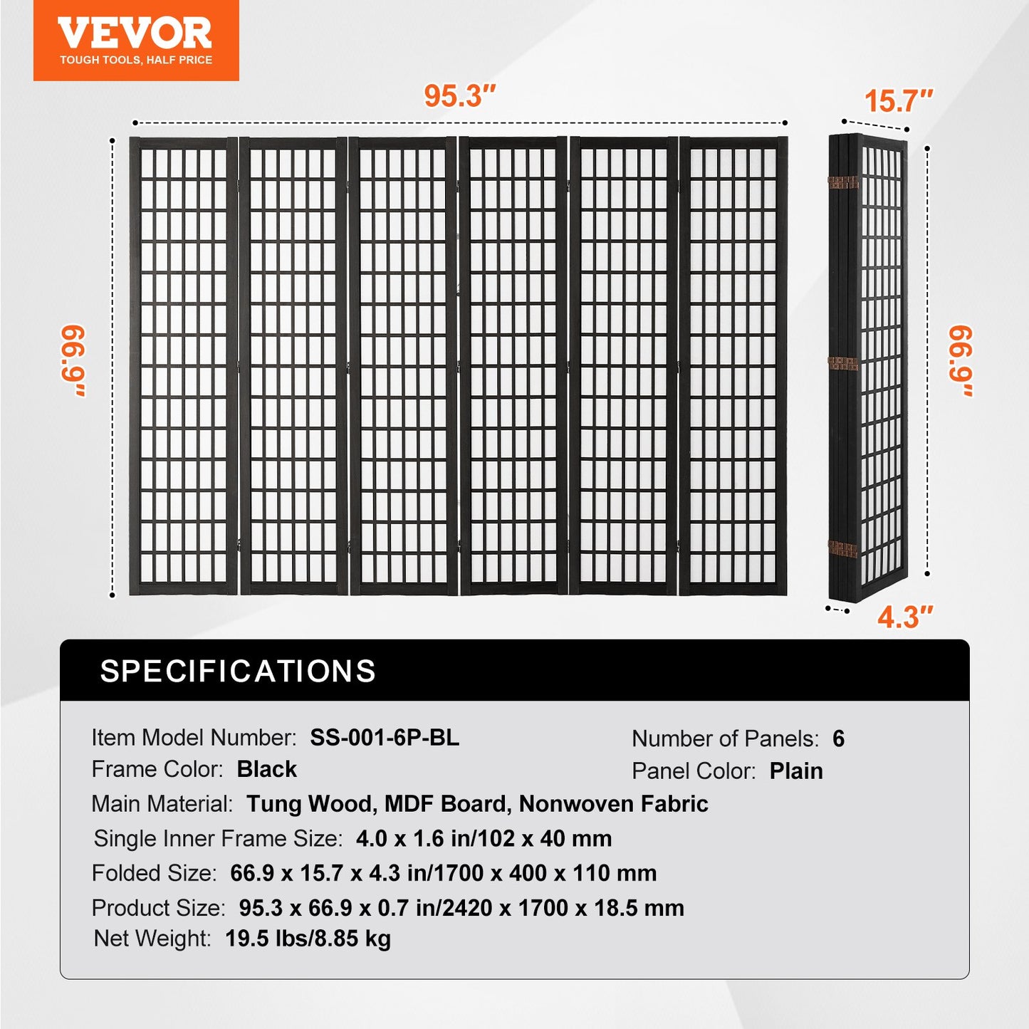 Rumsavdelare, japansk rumsavdelare med 6 paneler, hopfällbar skärm för inomhusbruk, bärbara skiljeväggar och dekorationsskärmar, för rumsavskiljning, hem, kontor, restaurang och sovrum (svart)