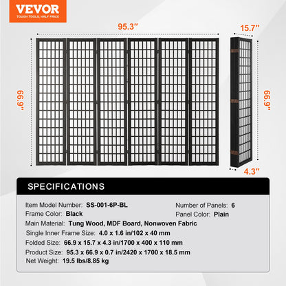 Rumsavdelare, japansk rumsavdelare med 6 paneler, hopfällbar skärm för inomhusbruk, bärbara skiljeväggar och dekorationsskärmar, för rumsavskiljning, hem, kontor, restaurang och sovrum (svart)