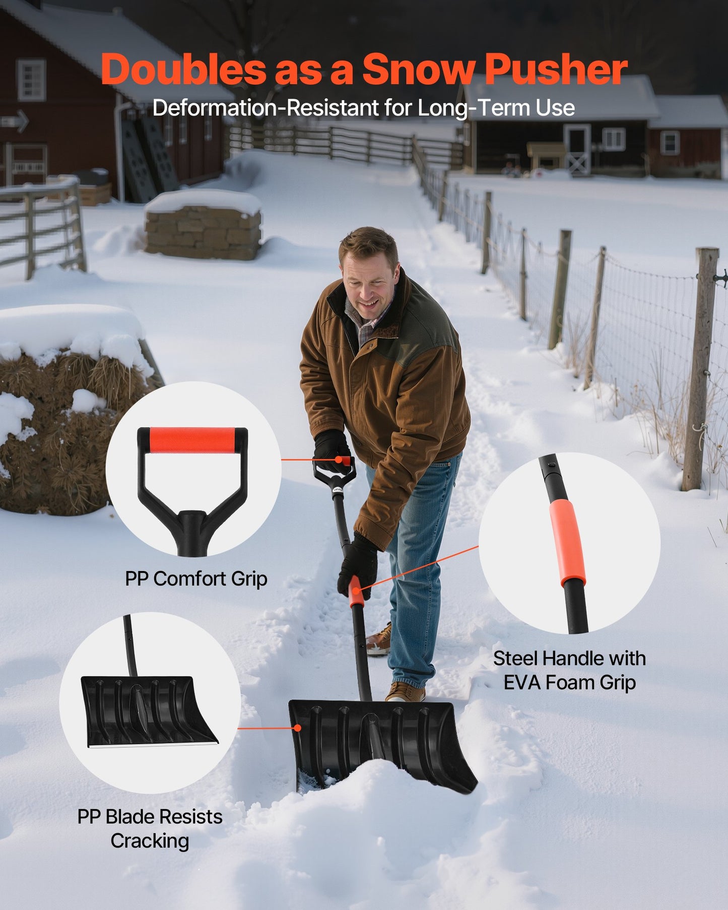 Snow Shovel for Driveway, 42cm Wide Snow Shovel with D-shaped Handles & Aluminum Blade, Large Capacity Snowplow Shovels, Lightweight Snows Removal Tool for Garden Car Camping Outdoors