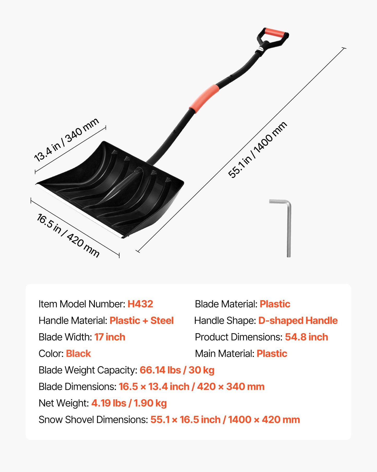 Snow Shovel for Driveway, 42cm Wide Snow Shovel with D-shaped Handles & Aluminum Blade, Large Capacity Snowplow Shovels, Lightweight Snows Removal Tool for Garden Car Camping Outdoors