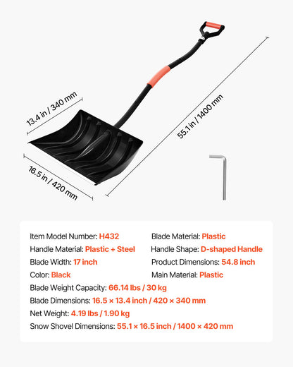 Snow Shovel for Driveway, 42cm Wide Snow Shovel with D-shaped Handles & Aluminum Blade, Large Capacity Snowplow Shovels, Lightweight Snows Removal Tool for Garden Car Camping Outdoors