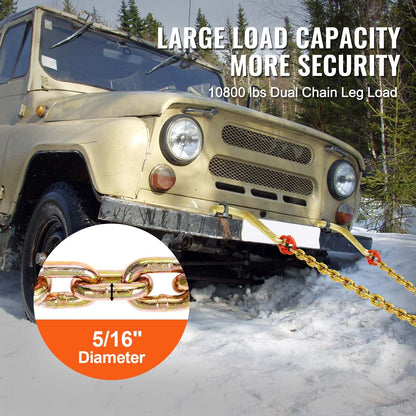 G80 V-kätting, 5/16" x 2' bogserkätting med 15" J-krokar och gripkrokar, dragkätting för kraftig transport med 10800 lbs säker arbetsbelastning för bärgning av lastbilar med plattbädd