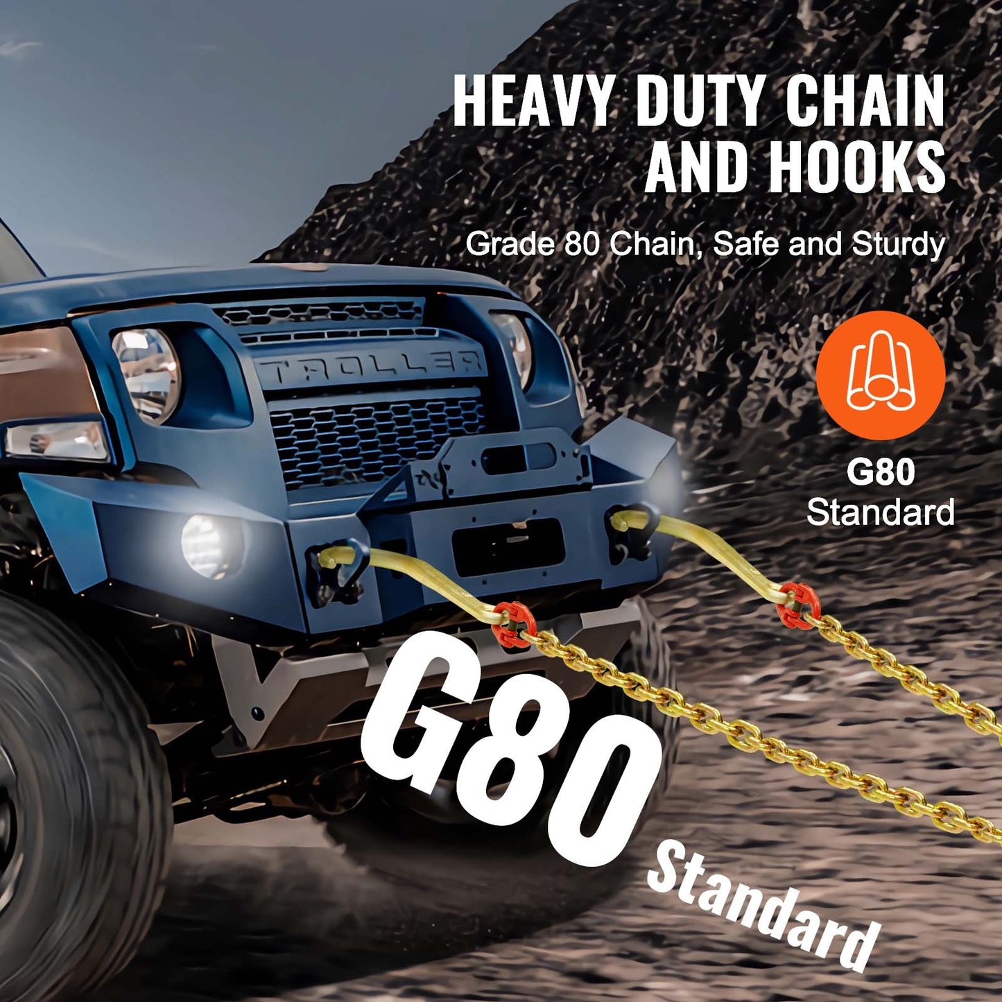 G80 V-kätting, 5/16" x 2' bogserkätting med 15" J-krokar och gripkrokar, dragkätting för kraftig transport med 10800 lbs säker arbetsbelastning för bärgning av lastbilar med plattbädd