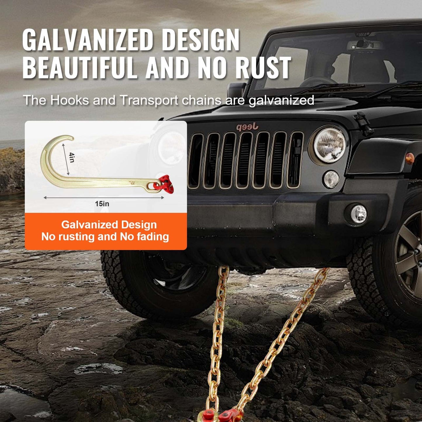 G80 V-kätting, 3/8" x 2' bogserkätting med 15" J-krokar, T-krokar och gripkrokar, dragkätting för kraftig transport med 7800 lbs säker arbetslast för bärgning av plattbäddslastbilar