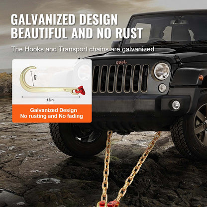 G80 V-kätting, 3/8" x 2' bogserkätting med 15" J-krokar, T-krokar och gripkrokar, dragkätting för kraftig transport med 7800 lbs säker arbetslast för bärgning av plattbäddslastbilar