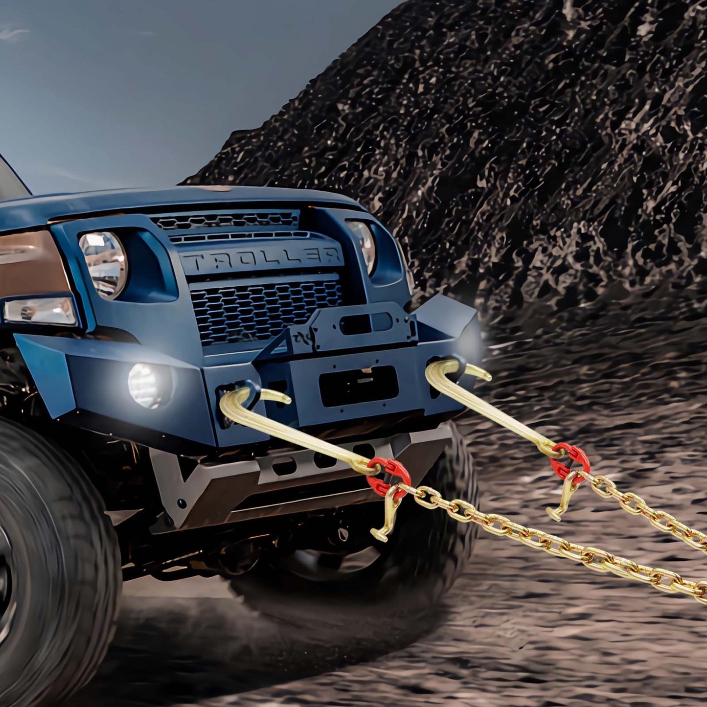 G80 V-kätting, 3/8" x 2' bogserkätting med 15" J-krokar, T-krokar och gripkrokar, dragkätting för kraftig transport med 7800 lbs säker arbetslast för bärgning av plattbäddslastbilar