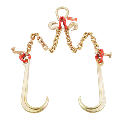 G80 V-kätting, 3/8" x 2' bogserkätting med 15" J-krokar, T-krokar och gripkrokar, dragkätting för kraftig transport med 7800 lbs säker arbetslast för bärgning av plattbäddslastbilar