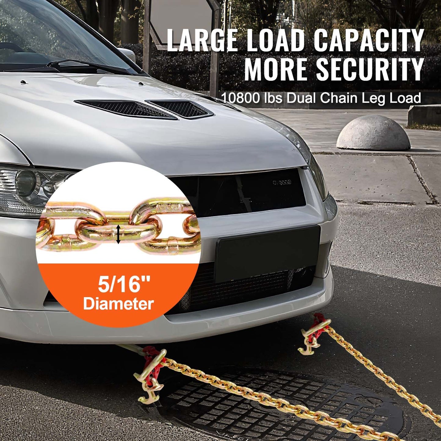 G80 V-kätting, 5/16" x 3' bogserkätting med R-krokar, T-krokar, J-krokar och gripkrokar, transportkätting med 10800 lbs säker arbetsbelastning för bärgning av lastbilar med plattbädd