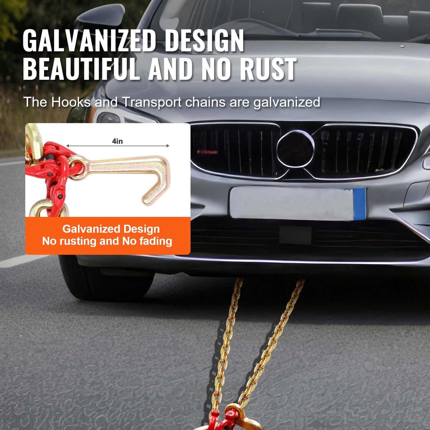 G80 V-kätting, 5/16" x 3' bogserkätting med R-krokar, T-krokar, J-krokar och gripkrokar, transportkätting med 10800 lbs säker arbetsbelastning för bärgning av lastbilar med plattbädd