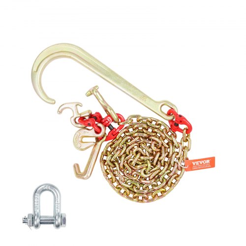 J Hook Chain, 5/16" x 6' G80 15" Long Shank J Hook Tow Chain with RTJ Cluster Hook & Grab Hook, 5400 lbs Safe Working Load, Heavy Duty Transport Truck Chain for Wrecker Recovery Trailer Towing