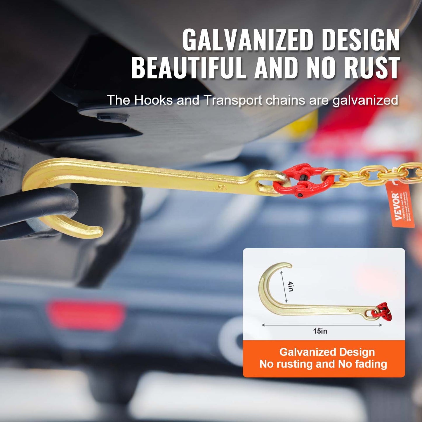 J Hook Chain, 5/16" x 6' G80 15" Long Shank J Hook Tow Chain with RTJ Cluster Hook & Grab Hook, 5400 lbs Safe Working Load, Heavy Duty Transport Truck Chain for Wrecker Recovery Trailer Towing