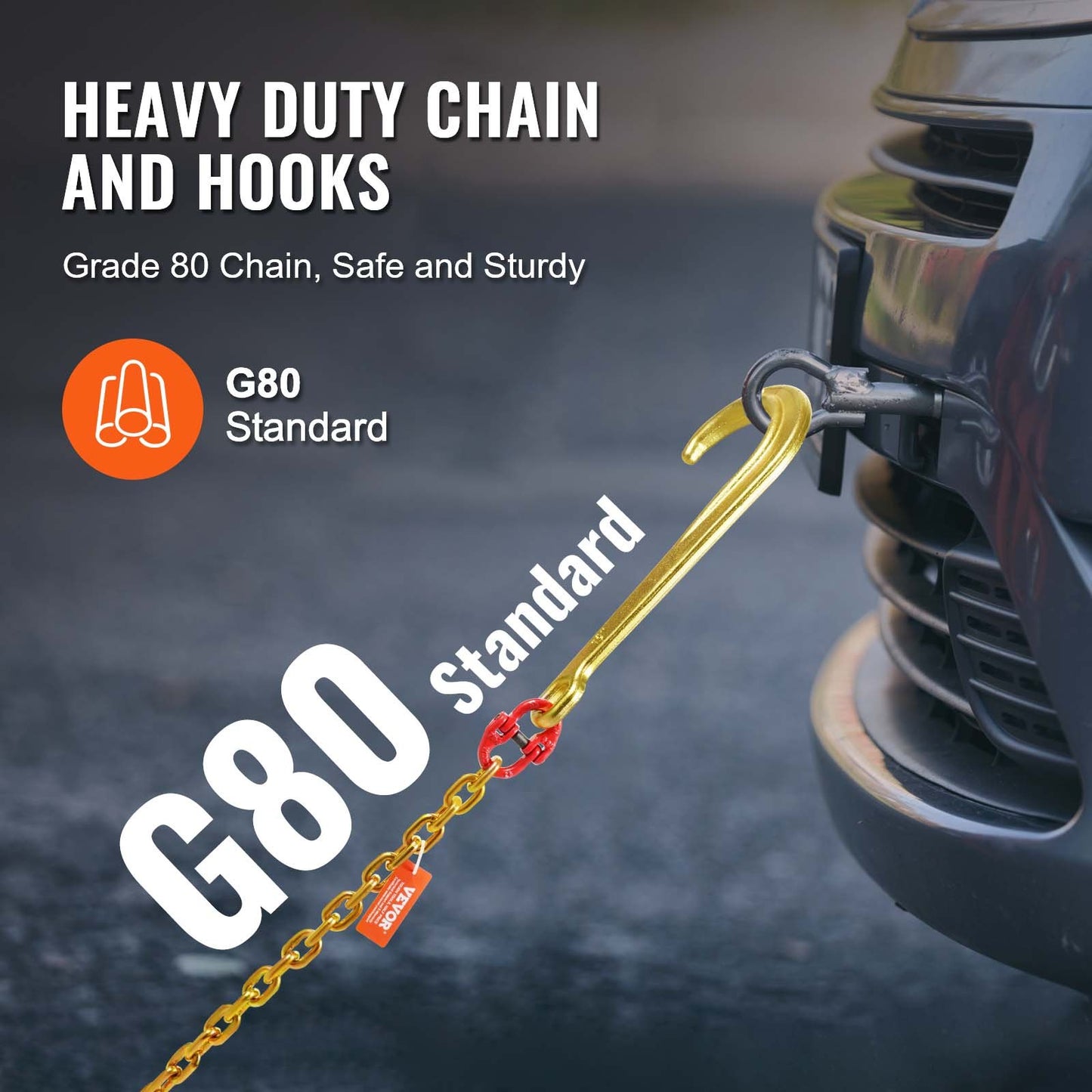 J Hook Chain, 5/16" x 6' G80 15" Long Shank J Hook Tow Chain with RTJ Cluster Hook & Grab Hook, 5400 lbs Safe Working Load, Heavy Duty Transport Truck Chain for Wrecker Recovery Trailer Towing