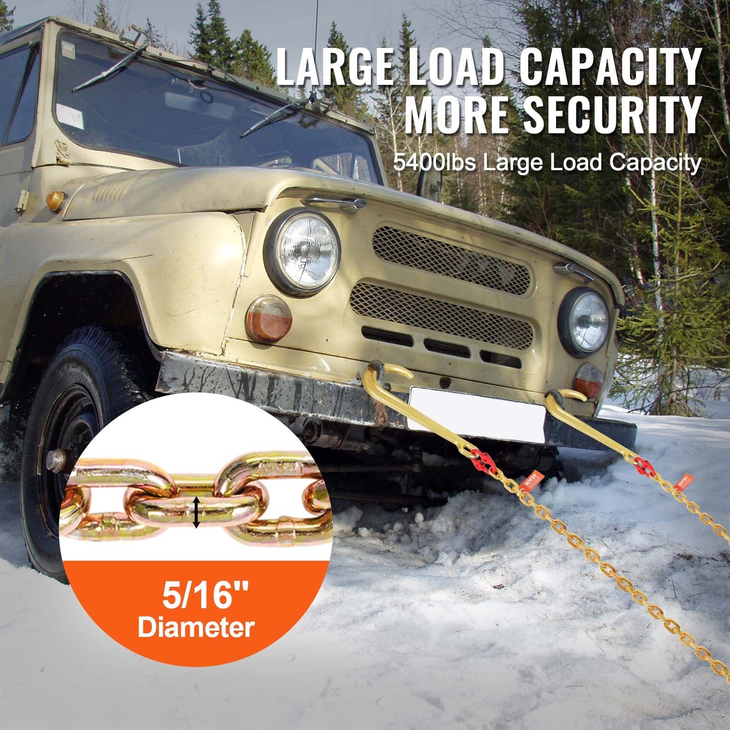 J-krokkedja, 2 st 5/16" x 6' G80 15" lång skaft J-krok dragkedja med RTJ klusterkrok och gripkrok, 5400 lbs arbetsbelastning, tung transportkätting för bogsering av släpvagnar