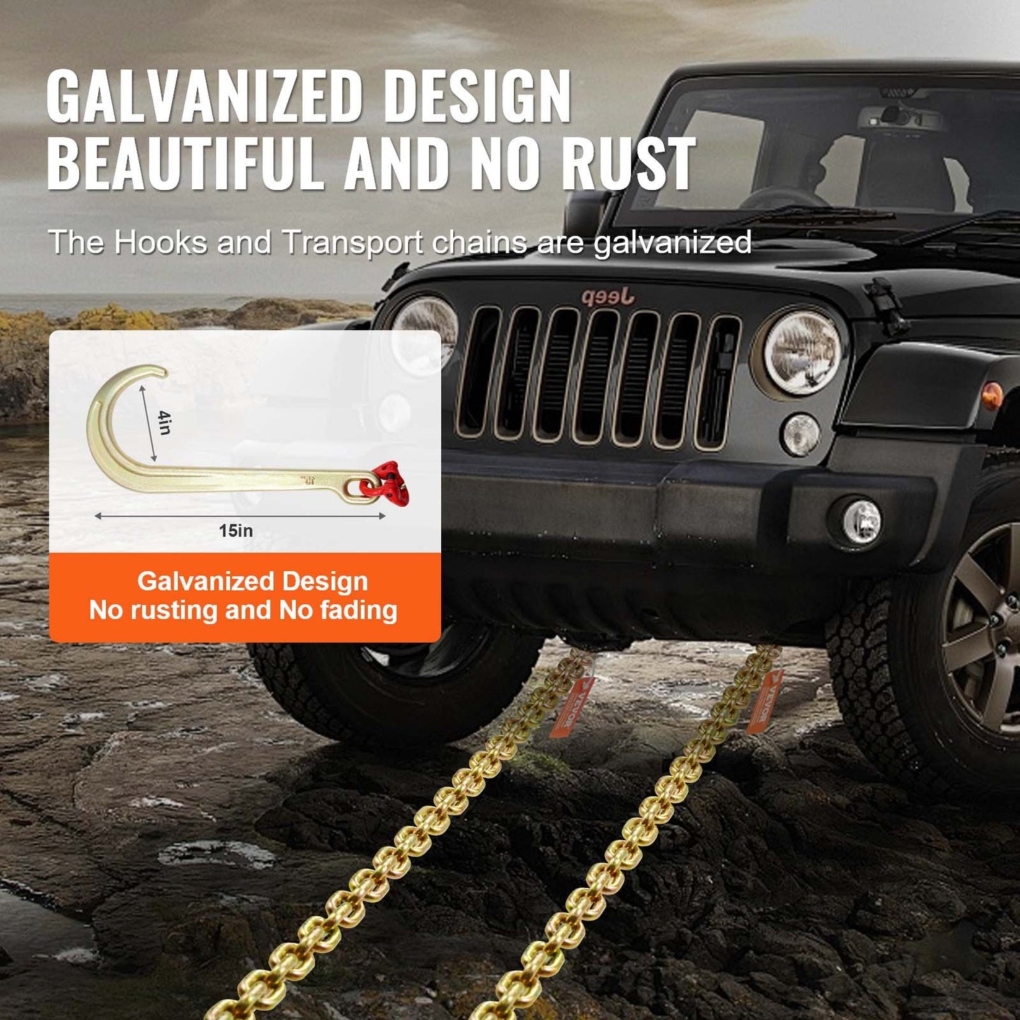 J-krokkedja, 2 st 5/16" x 6' G80 15" lång skaft J-krok dragkedja med RTJ klusterkrok och gripkrok, 5400 lbs arbetsbelastning, tung transportkätting för bogsering av släpvagnar