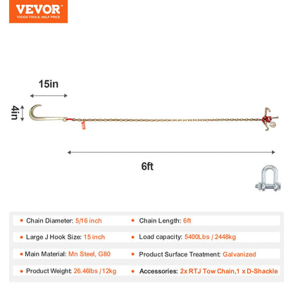 J-krokkedja, 2 st 5/16" x 6' G80 15" lång skaft J-krok dragkedja med RTJ klusterkrok och gripkrok, 5400 lbs arbetsbelastning, tung transportkätting för bogsering av släpvagnar