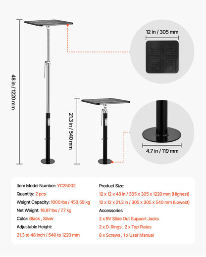 RV Slide Out Support Jack, 2 PCS Camper Slide-Out Leveling Jack, Powder-Coated Steel Support Jacks for RV, Camper, Travel Trailer, Supports Up to 453.59kg, Adjustable from 541.02 to 48 1219.2mm