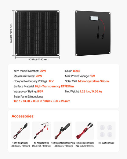 20W 12V Solar Panel Battery Charger, Solar Battery Trickle Charger Maintainer with Built-in Smart Controller & 3 Connection Cables, IP67 Waterproof Portable for RV Car Motorcycle Boat Van Camper