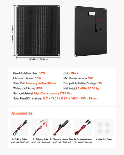 30W 12V solpanelbatteriladdare, solcellsbatteriunderhållsladdare med inbyggd smart styrenhet och 3 anslutningskablar, IP67 vattentät bärbar för husbil, motorcykel, båt, minibuss, husbil