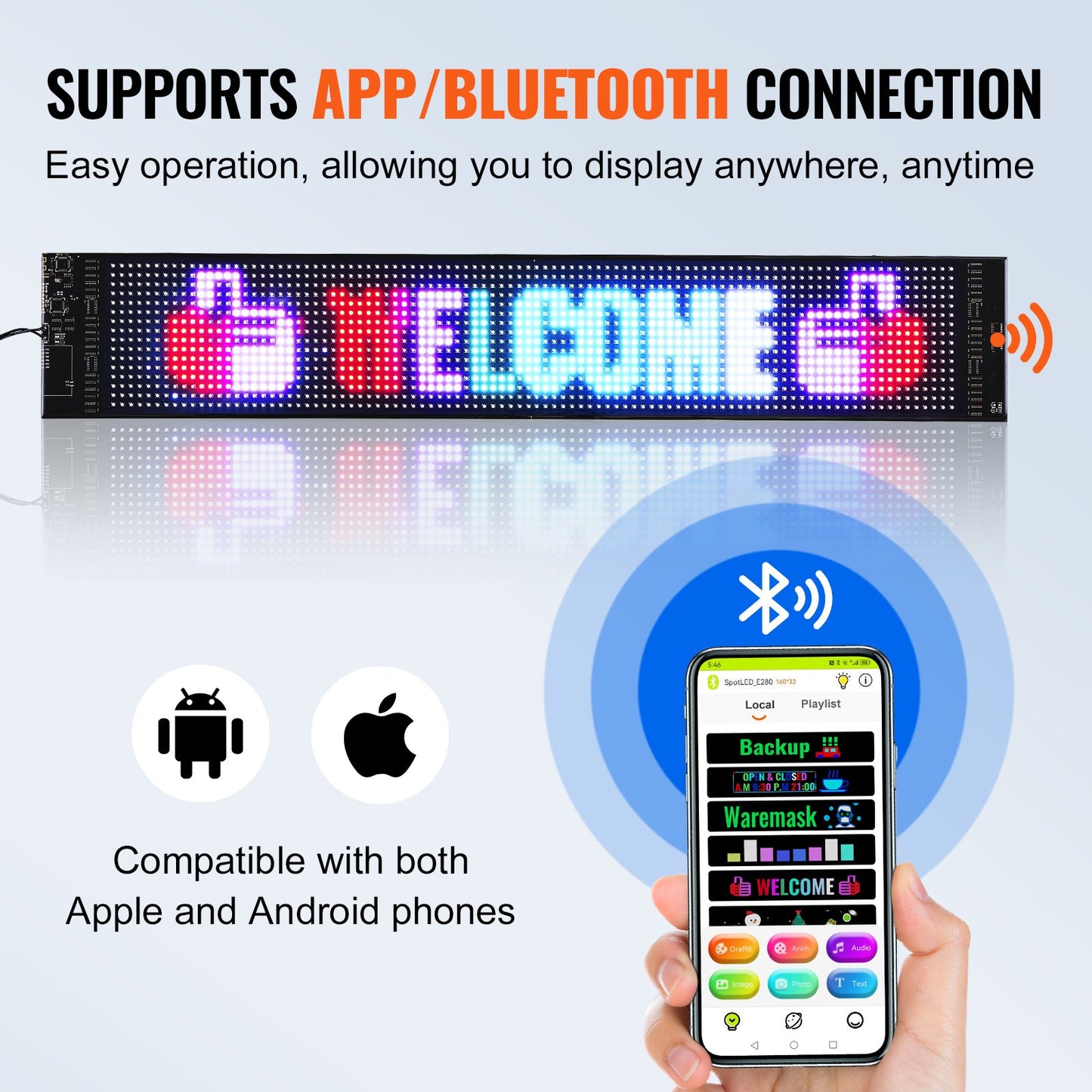 Programmerbar LED-skylt, P6 fullfärgs LED-rullningspanel, DIY-anpassad textanimationsmönsterdisplaytavla, Bluetooth APP-styrd meddelandeskylt för butik, företagsbilreklam, 68x12cm