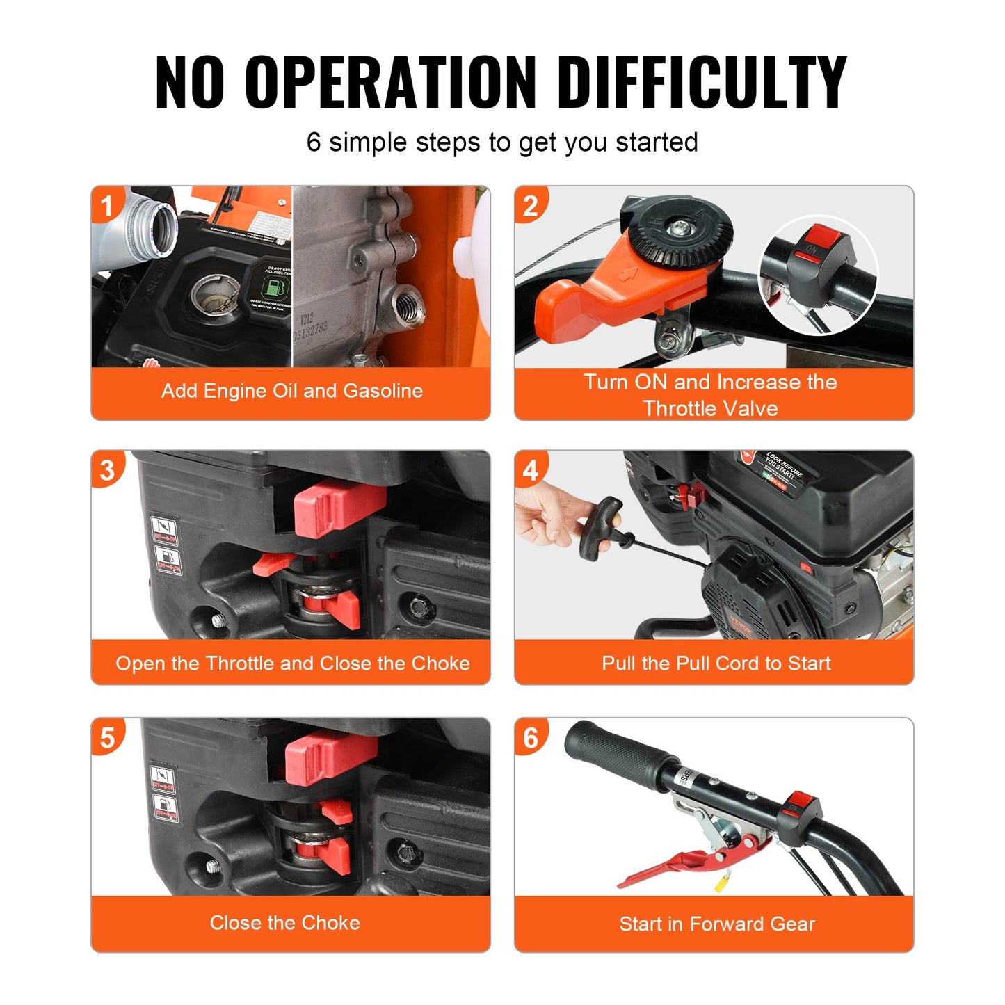Jordfräs bensindriven, 212cc 4-takts trädgårdskultivator, jordfräs med 4 justerbara bakre stålpinnar för gräsmatta, trädgård och fältjordbearbetning