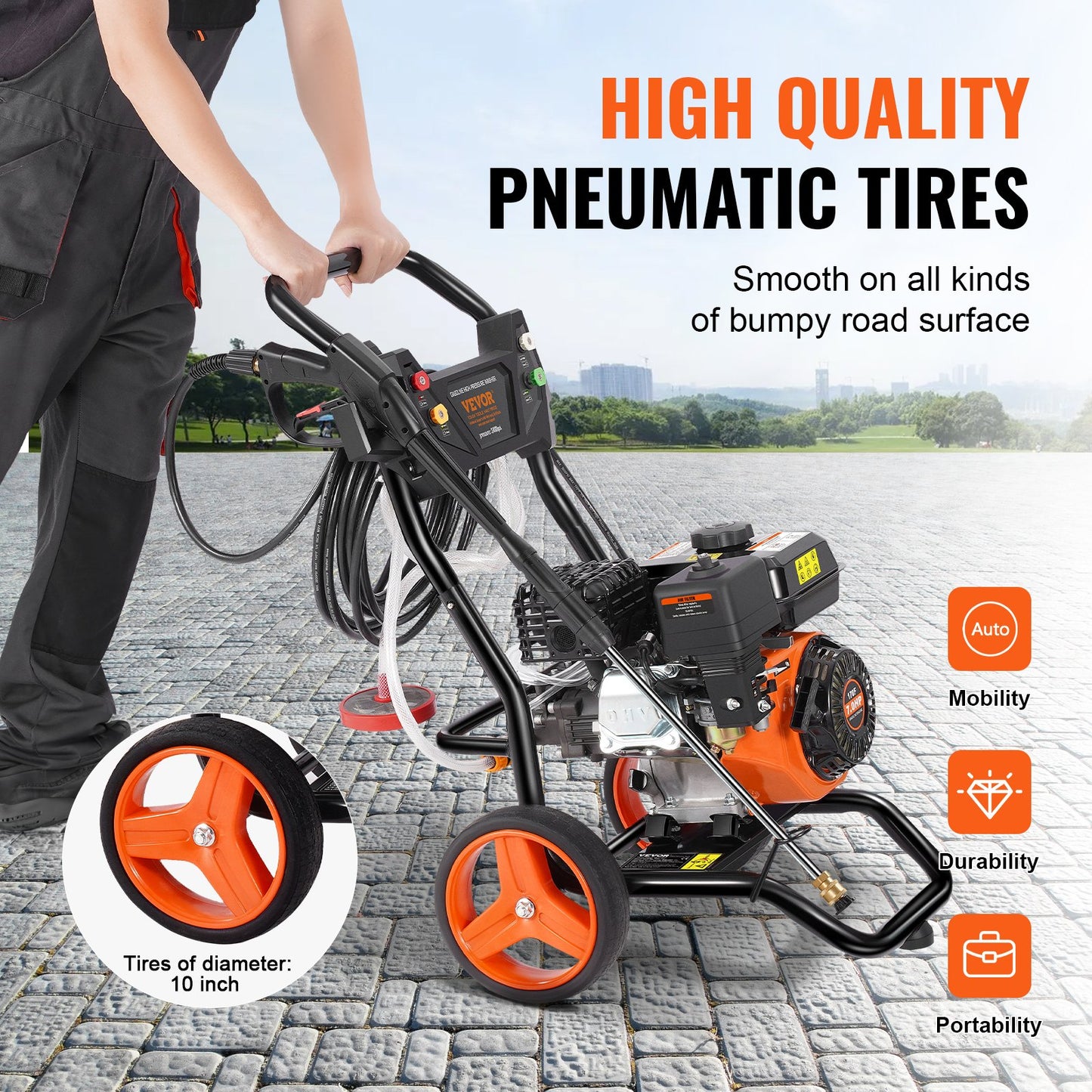 Gas Pressure Washer, 3400 PSI 2.6 GPM, Gas Powered Pressure Washer 10L/min with Aluminum Pump, Spray Gun and Extension Wand, 5 Nozzle Set, for Cars, Fences, Homes, Driveways, Patios, Vertical