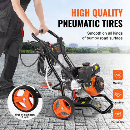 Gas Pressure Washer, 3400 PSI 2.6 GPM, Gas Powered Pressure Washer 10L/min with Aluminum Pump, Spray Gun and Extension Wand, 5 Nozzle Set, for Cars, Fences, Homes, Driveways, Patios, Vertical