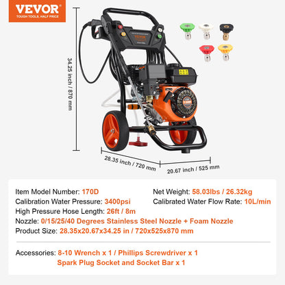 Gas Pressure Washer, 3400 PSI 2.6 GPM, Gas Powered Pressure Washer 10L/min with Aluminum Pump, Spray Gun and Extension Wand, 5 Nozzle Set, for Cars, Fences, Homes, Driveways, Patios, Vertical