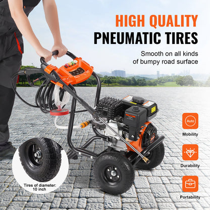 Gas Pressure Washer, 3500 PSI 10L/min, 2.6 GPM Gas Powered Pressure Washer with Aluminum Pump, Spray Gun and Extension Wand, 5 Nozzle Set, for Cars, Fences, Homes, Driveways, Patios, Furniture