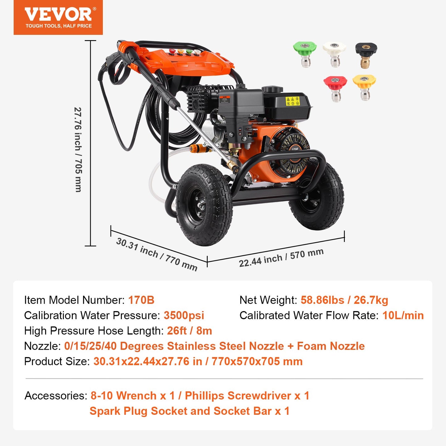 Gas Pressure Washer, 3500 PSI 10L/min, 2.6 GPM Gas Powered Pressure Washer with Aluminum Pump, Spray Gun and Extension Wand, 5 Nozzle Set, for Cars, Fences, Homes, Driveways, Patios, Furniture