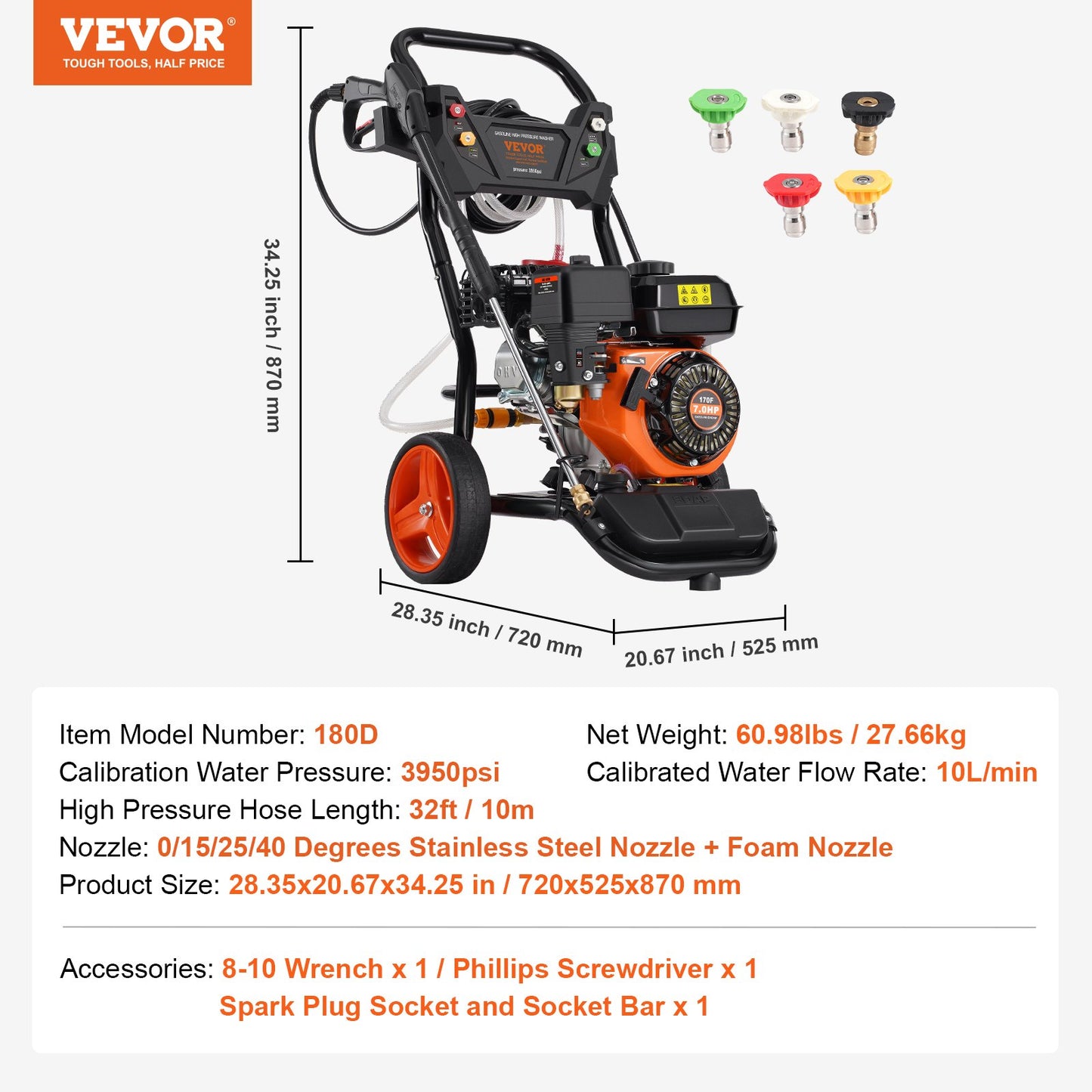 Gas Pressure Washer, 3950 PSI 10L/min, 2.6 GPM Gas Powered Pressure Washer with Copper Pump, Spray Gun and Extension Wand, 5 Nozzle Set, for Cars, Fences, Homes, Driveways, Patios, Vertical
